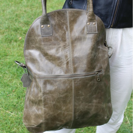 Michele Extra Large Distressed Olive Leather Bag